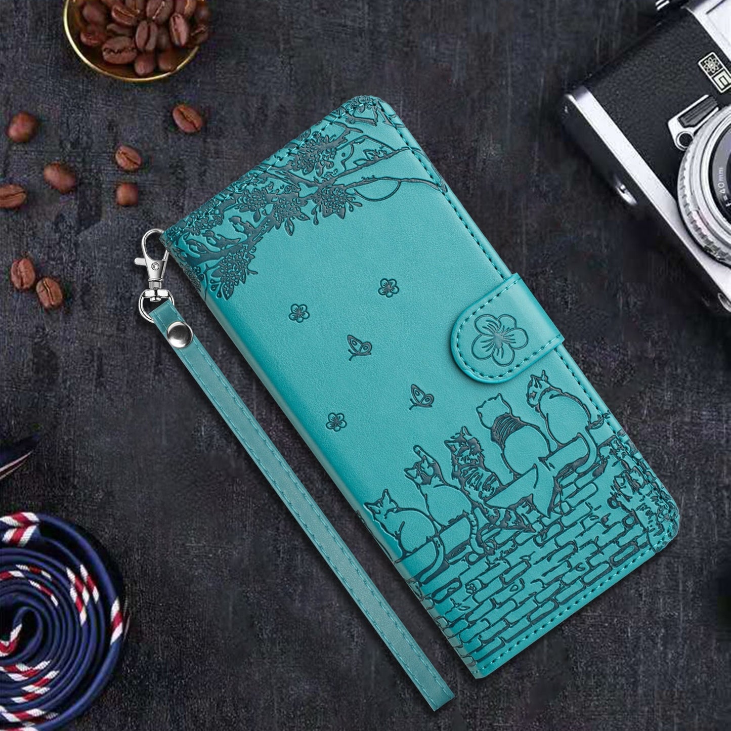 For iPhone 16e Cat Embossing Pattern Leather Phone Case with Lanyard(Blue)