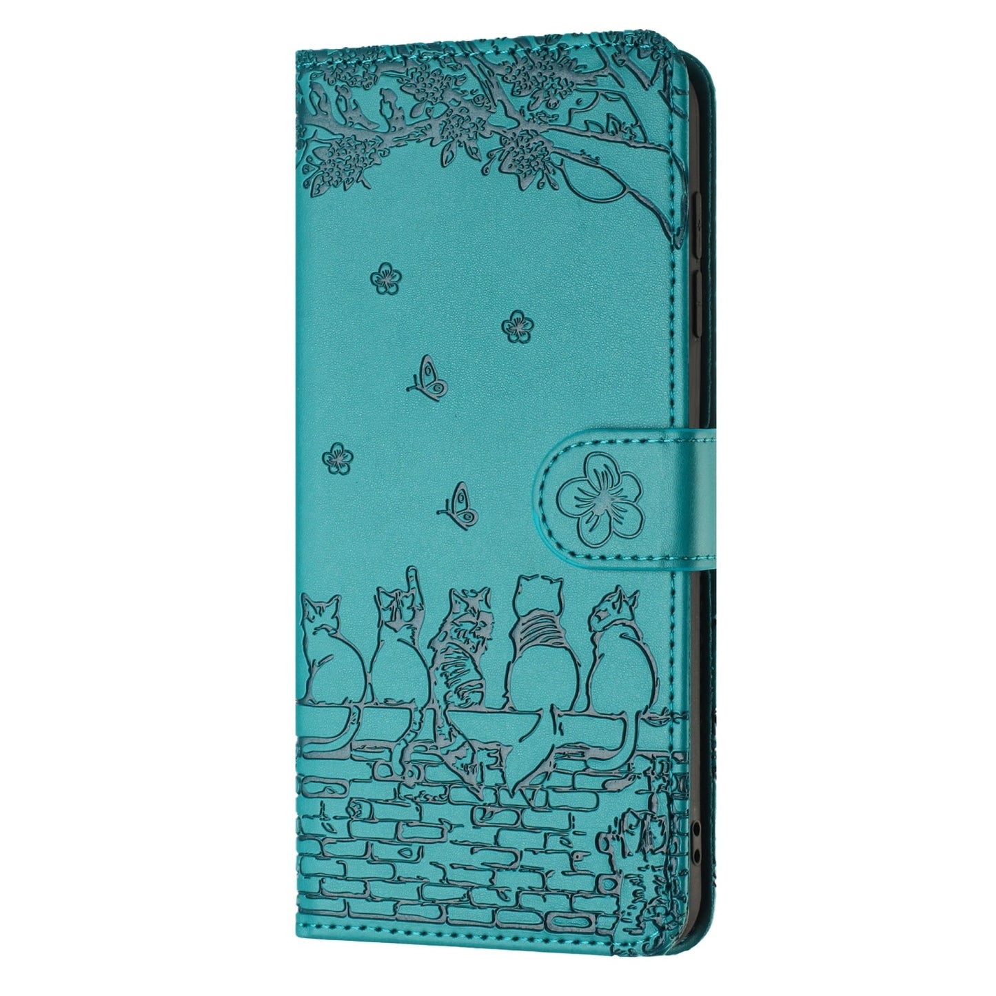 For iPhone 16e Cat Embossing Pattern Leather Phone Case with Lanyard(Blue)