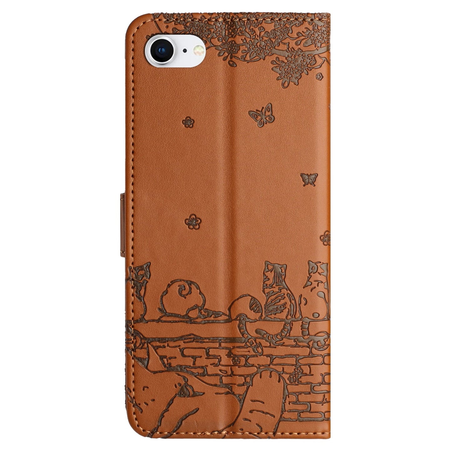 For iPhone 16e Cat Embossing Pattern Leather Phone Case with Lanyard(Brown)