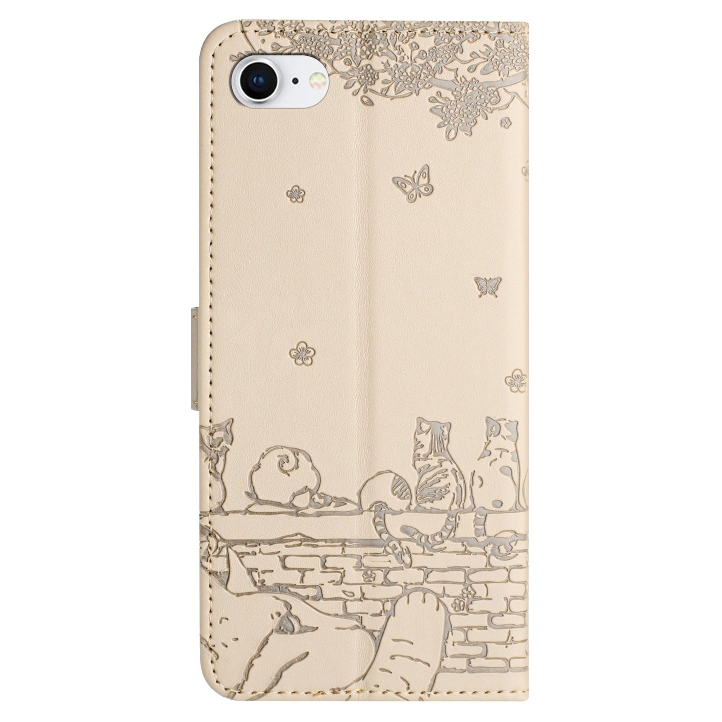 For iPhone 16e Cat Embossing Pattern Leather Phone Case with Lanyard(Beige)