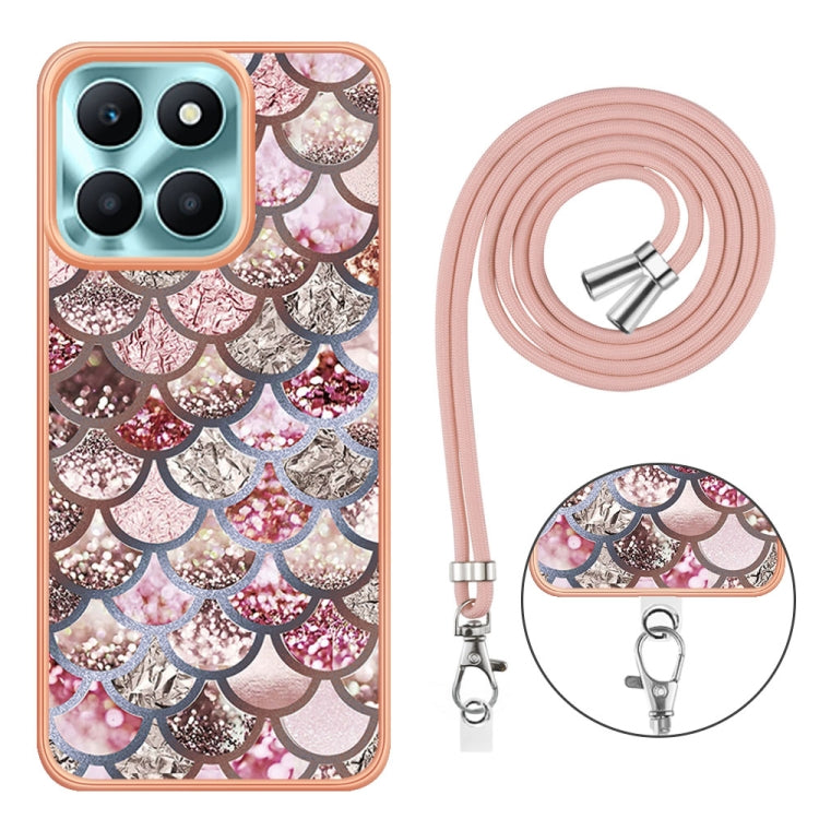 For Honor X6a Electroplating IMD TPU Phone Case with Lanyard(Pink Scales)
