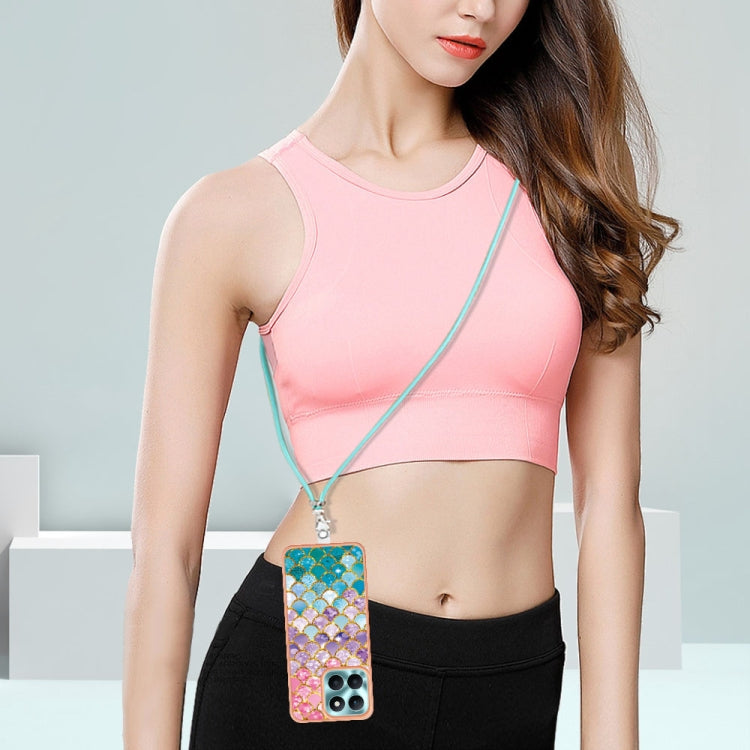 For Honor X6a Electroplating IMD TPU Phone Case with Lanyard(Colorful Scales)