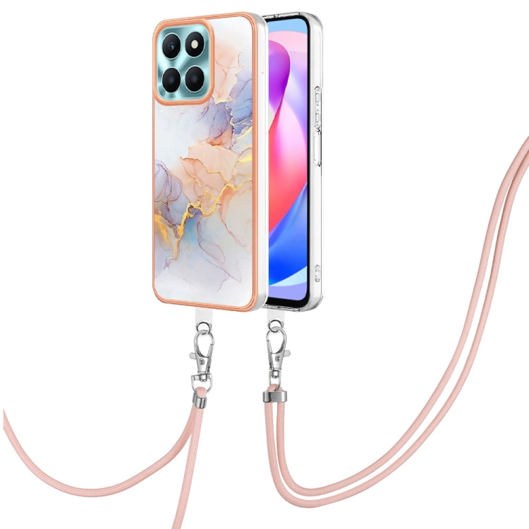For Honor X6a Electroplating IMD TPU Phone Case with Lanyard(White Marble)