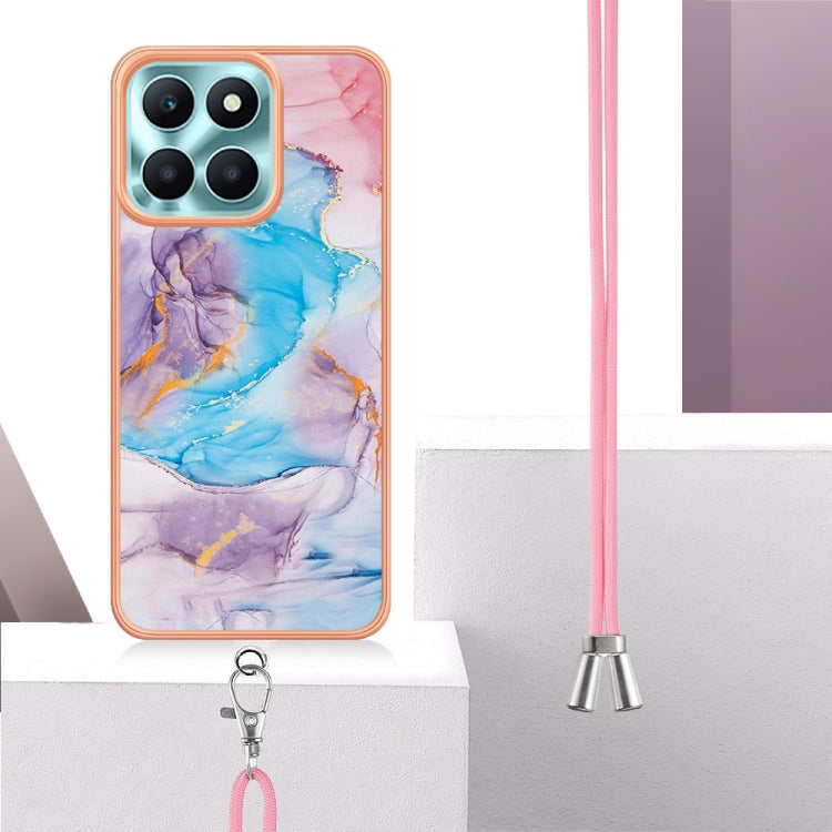 For Honor X6a Electroplating IMD TPU Phone Case with Lanyard(Blue Marble)