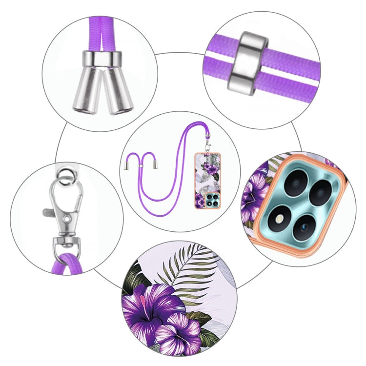 For Honor X6a Electroplating IMD TPU Phone Case with Lanyard(Purple Flower)