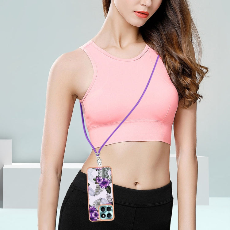 For Honor X6a Electroplating IMD TPU Phone Case with Lanyard(Purple Flower)