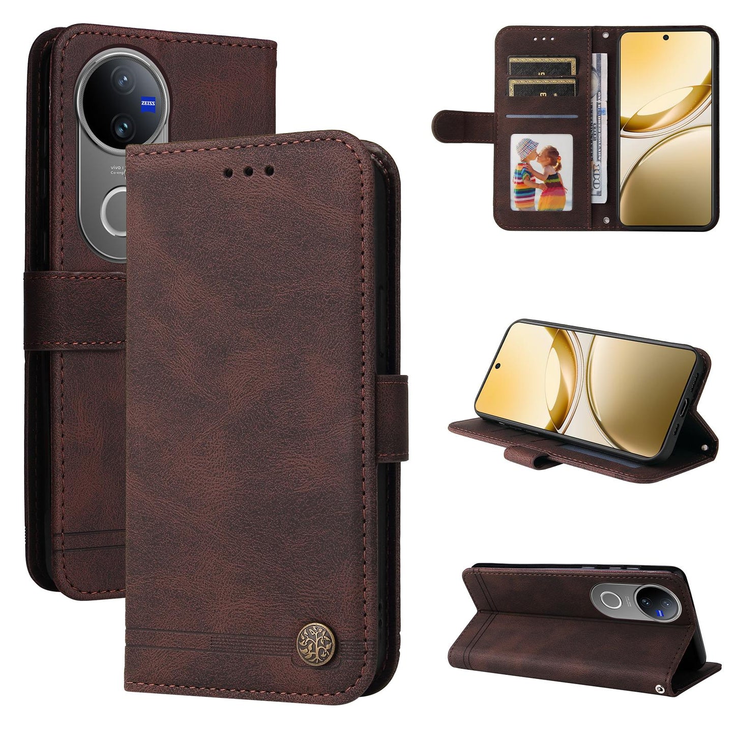 For vivo V50 Skin Feel Life Tree Metal Button Leather Phone Case(Brown)