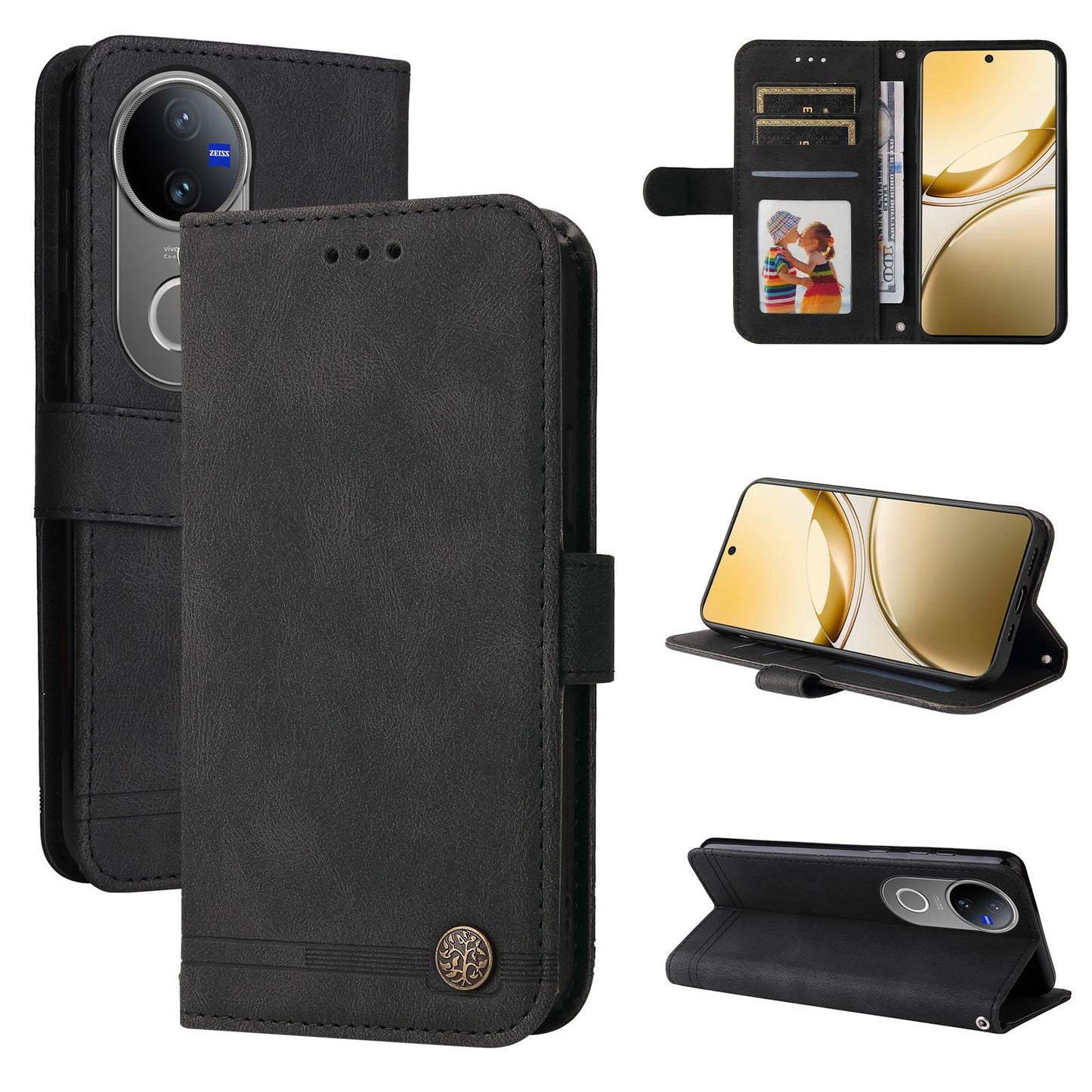 For vivo V50 Skin Feel Life Tree Metal Button Leather Phone Case(Black)