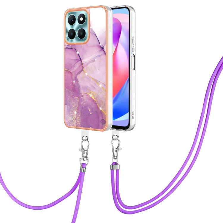 For Honor X6a Electroplating Marble Dual-side IMD Phone Case with Lanyard(Purple 001)