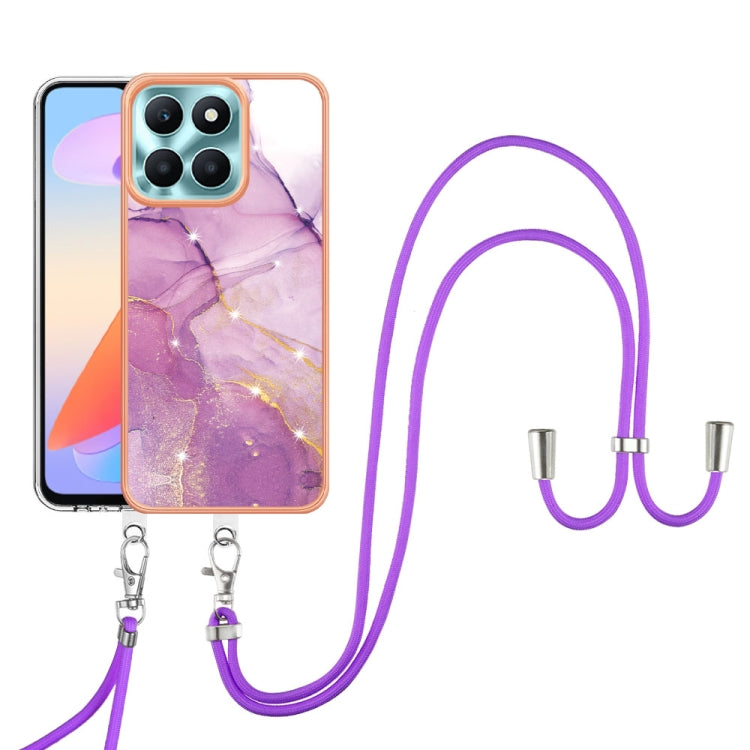 For Honor X6a Electroplating Marble Dual-side IMD Phone Case with Lanyard(Purple 001)