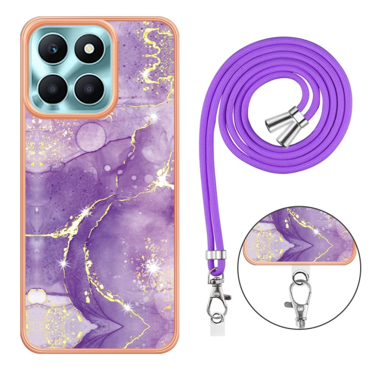 For Honor X6a Electroplating Marble Dual-side IMD Phone Case with Lanyard(Purple 002)