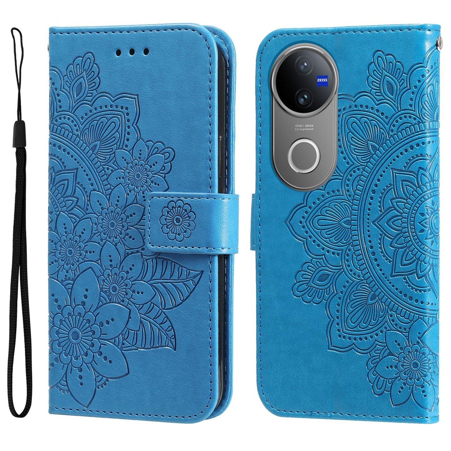 For vivo V50 Seven-petal Flowers Embossing Leather Phone Case(Blue)