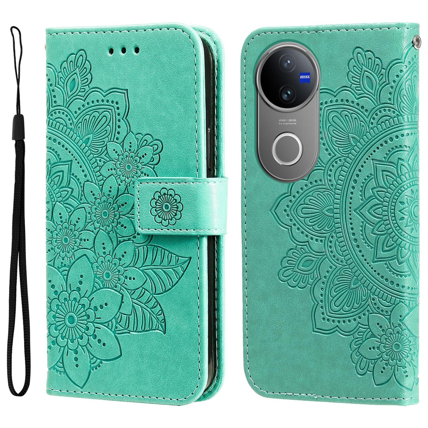 For vivo V50 Seven-petal Flowers Embossing Leather Phone Case(Green)