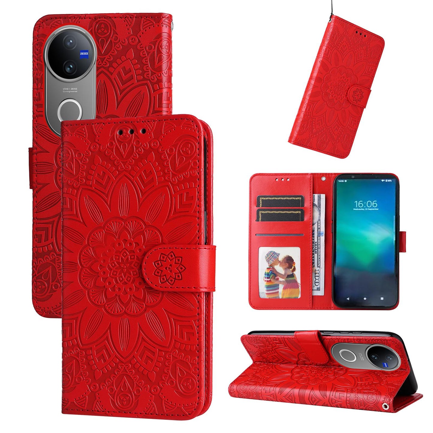 For vivo V50 Embossed Sunflower Leather Phone Case(Red)