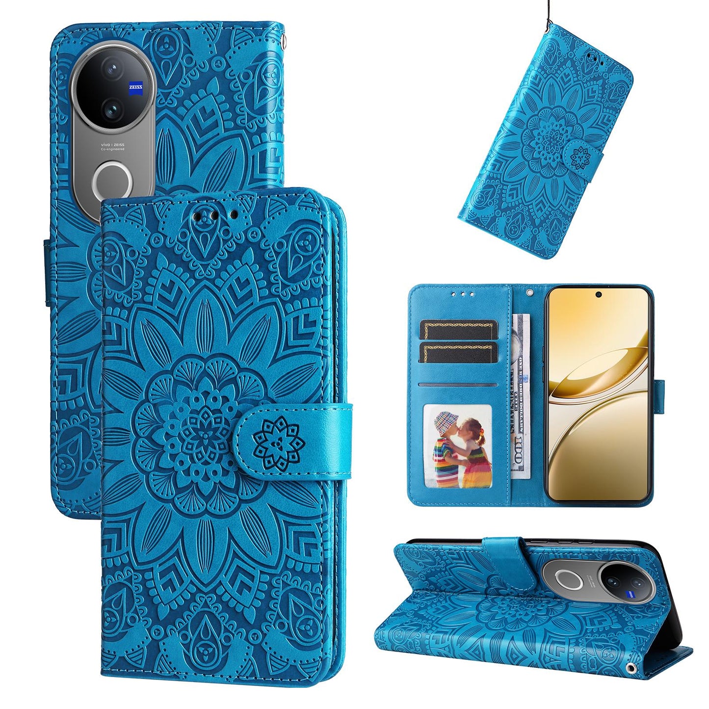 For vivo V50 Embossed Sunflower Leather Phone Case(Blue)