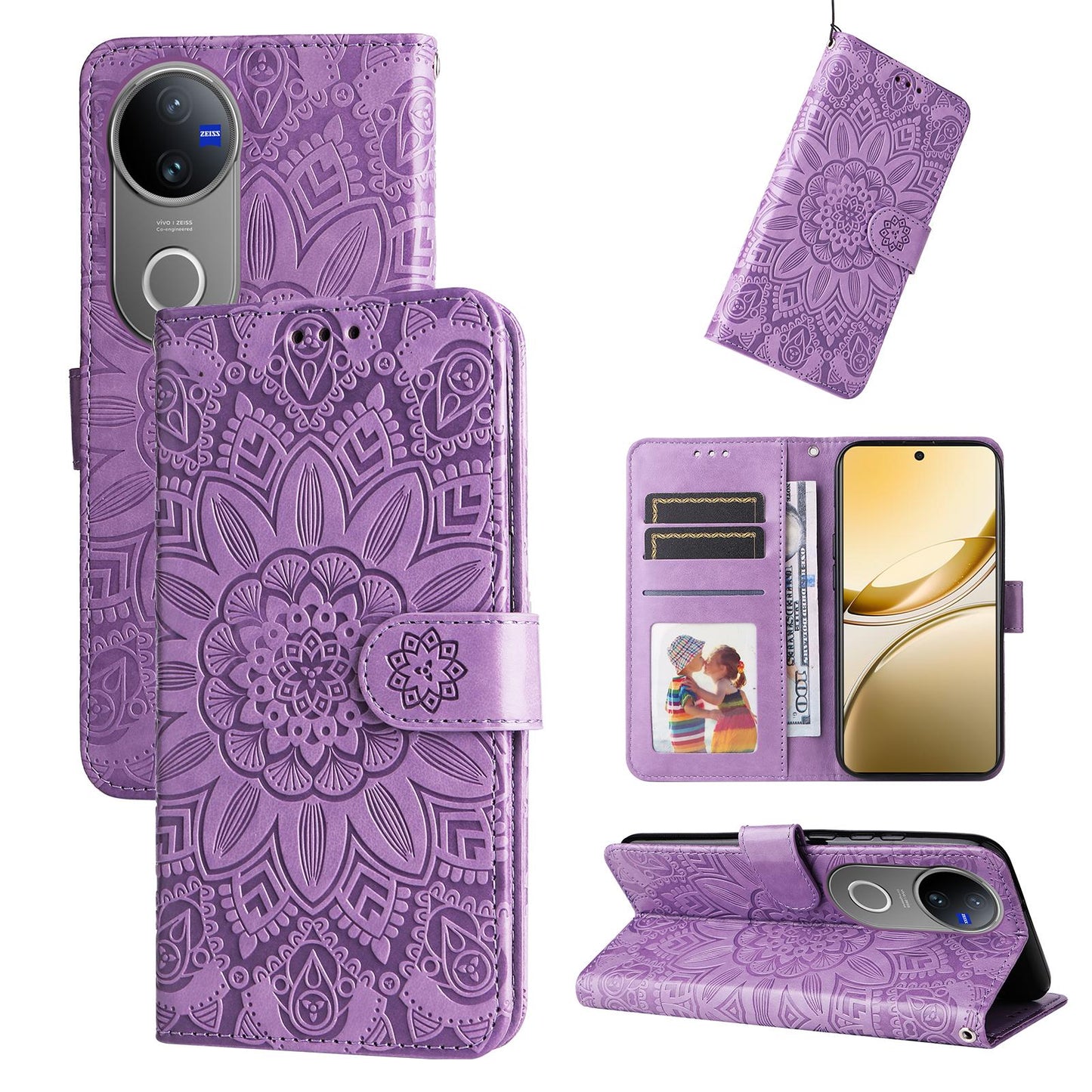 For vivo V50 Embossed Sunflower Leather Phone Case(Purple)