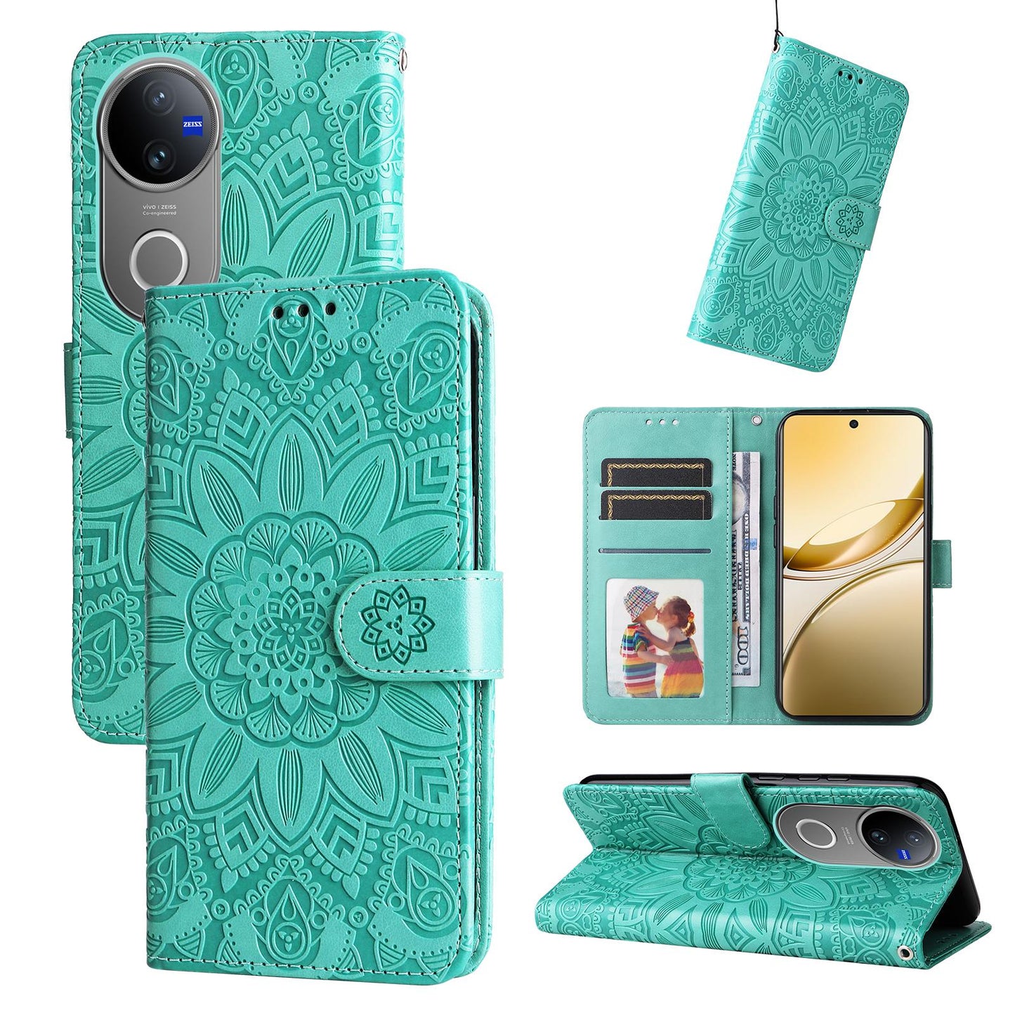 For vivo V50 Embossed Sunflower Leather Phone Case(Green)