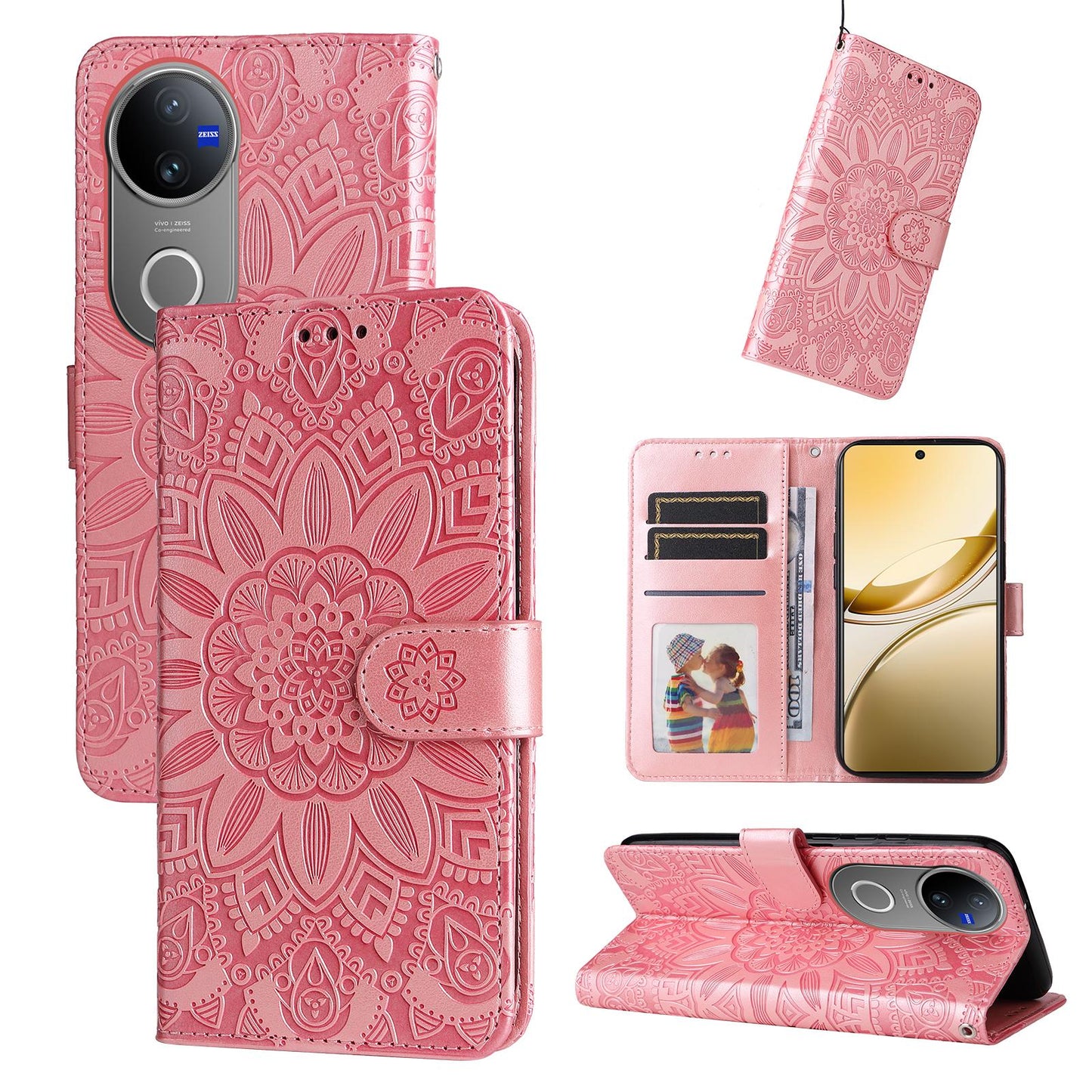 For vivo V50 Embossed Sunflower Leather Phone Case(Rose Gold)