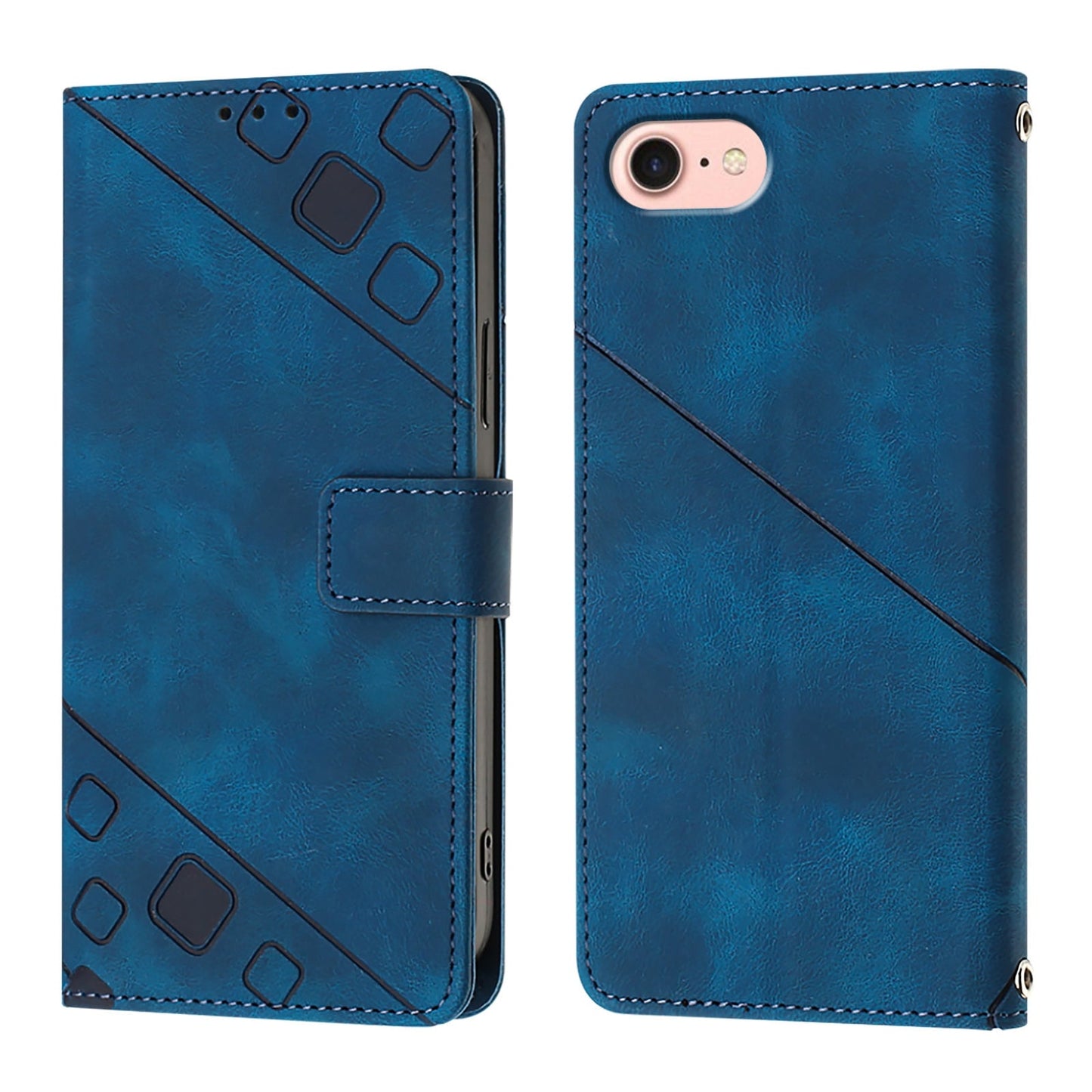 For iPhone 16e Skin-feel Embossed Leather Phone Case(Blue)