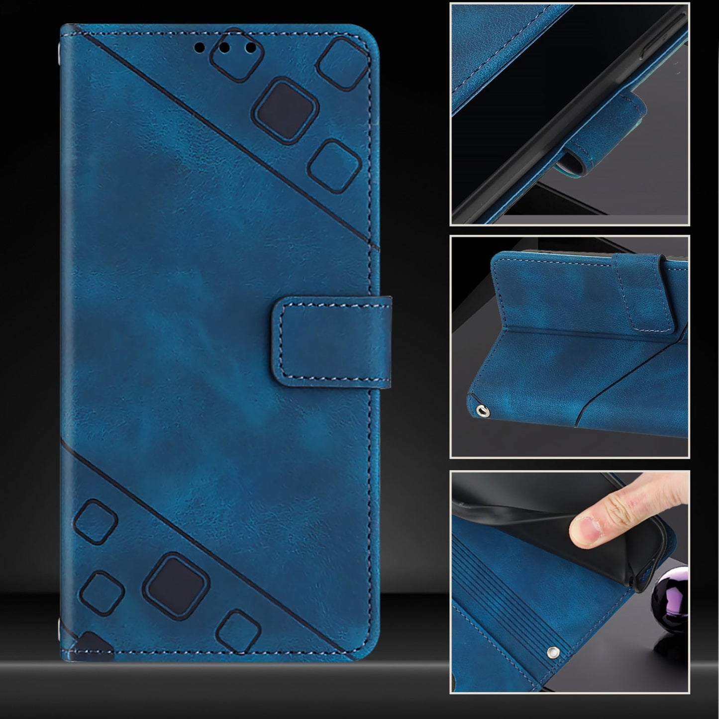 For iPhone 16e Skin-feel Embossed Leather Phone Case(Blue)