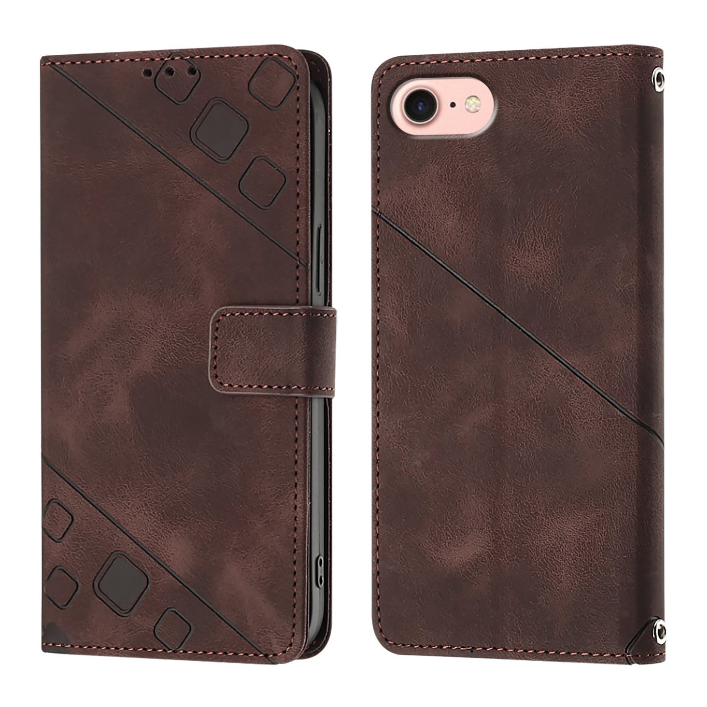For iPhone 16e Skin-feel Embossed Leather Phone Case(Brown)