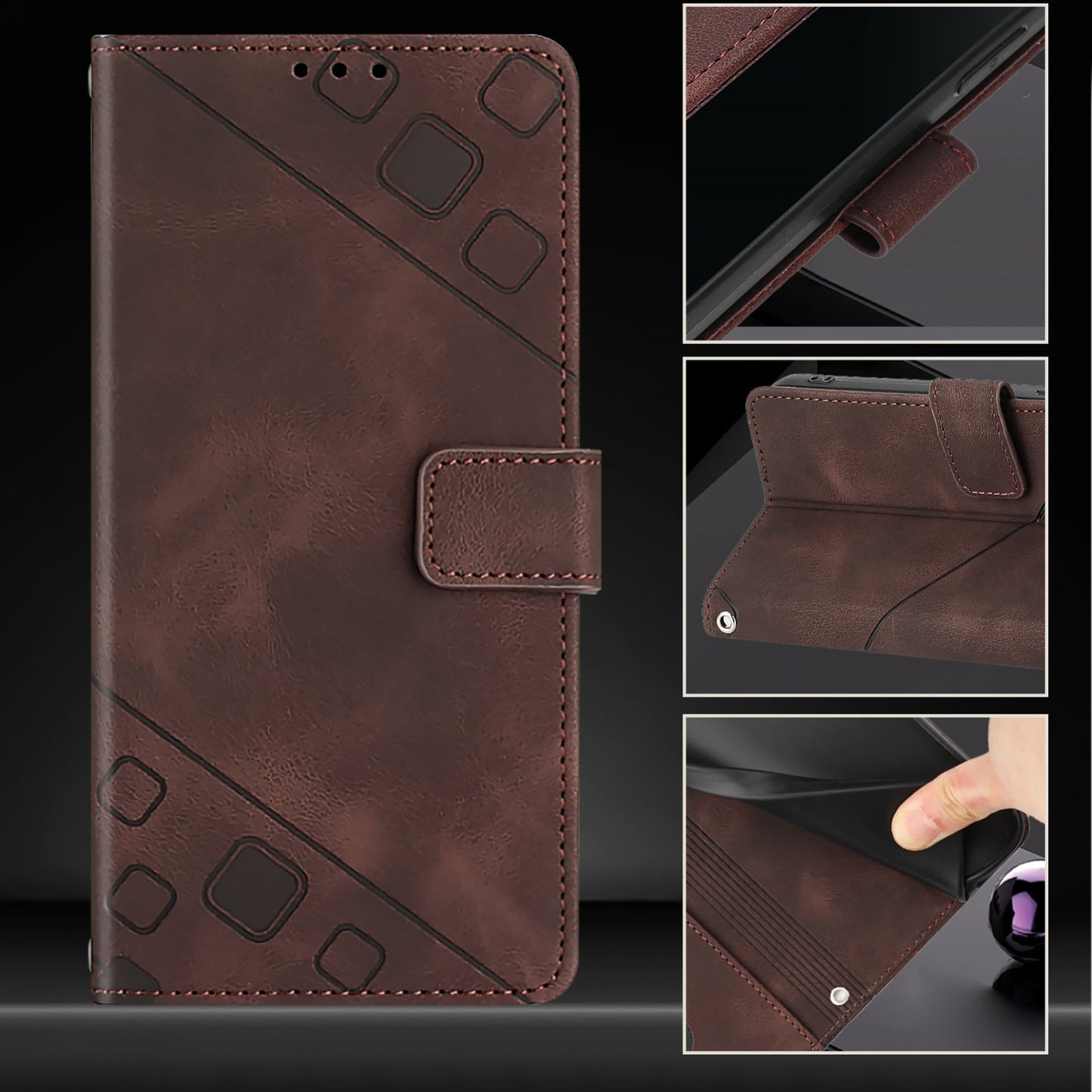 For iPhone 16e Skin-feel Embossed Leather Phone Case(Brown)