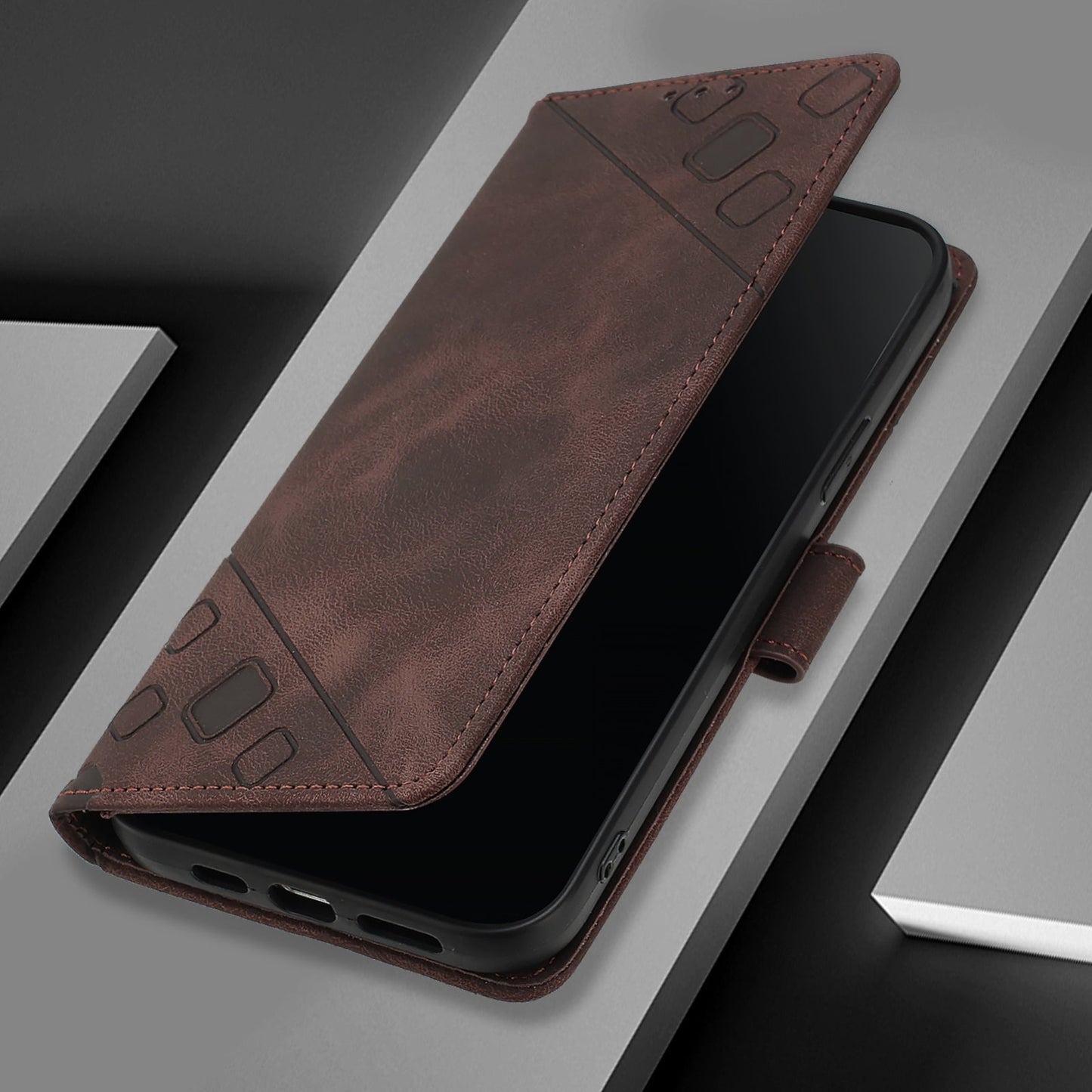 For iPhone 16e Skin-feel Embossed Leather Phone Case(Brown)