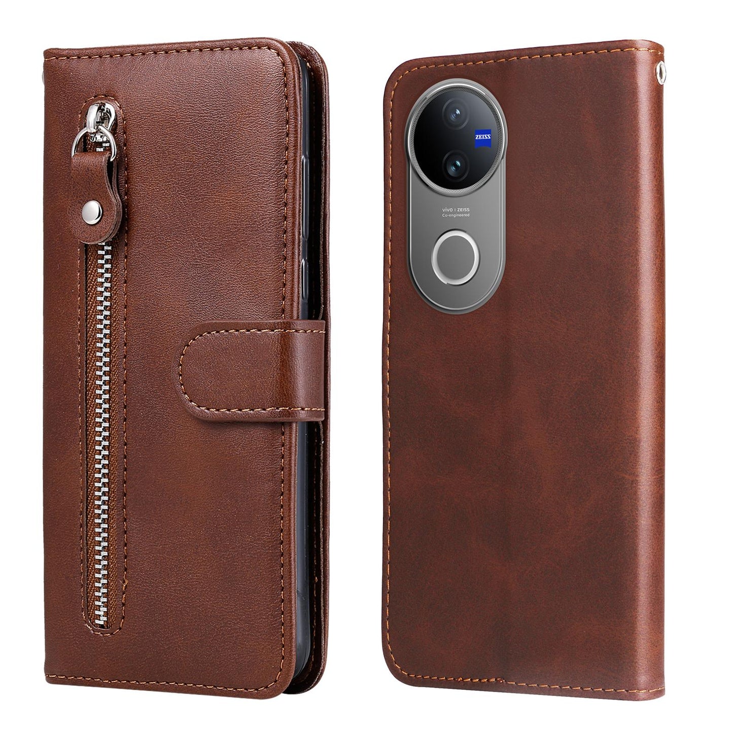 For vivo V50 Fashion Calf Texture Zipper Leather Phone Case(Brown)