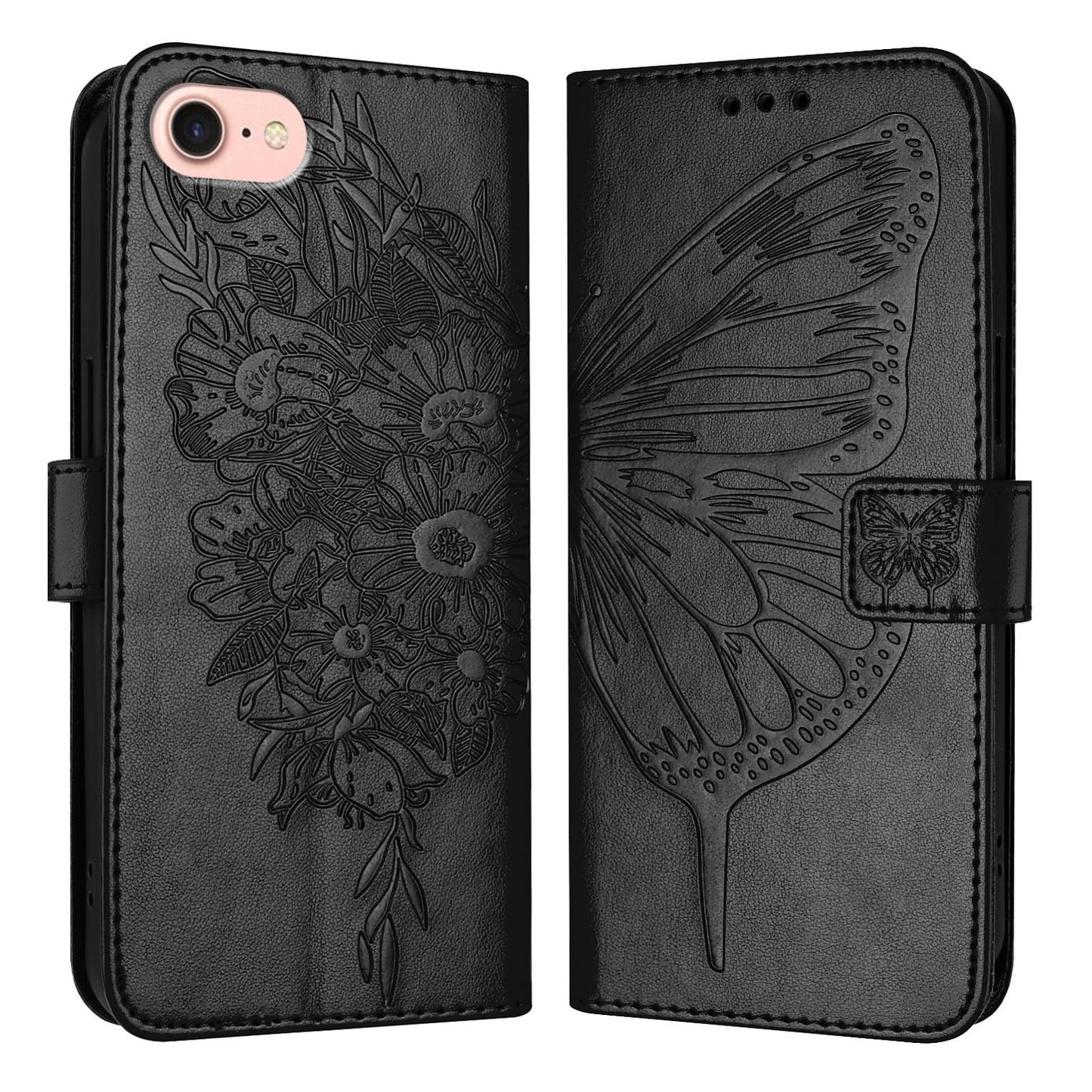 For iPhone 16e Embossed Butterfly Leather Phone Case(Black)
