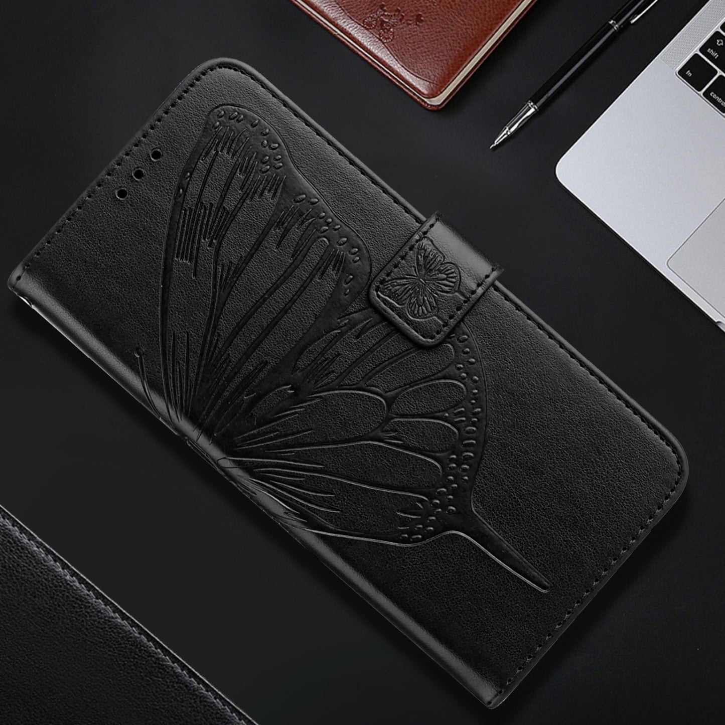 For iPhone 16e Embossed Butterfly Leather Phone Case(Black)