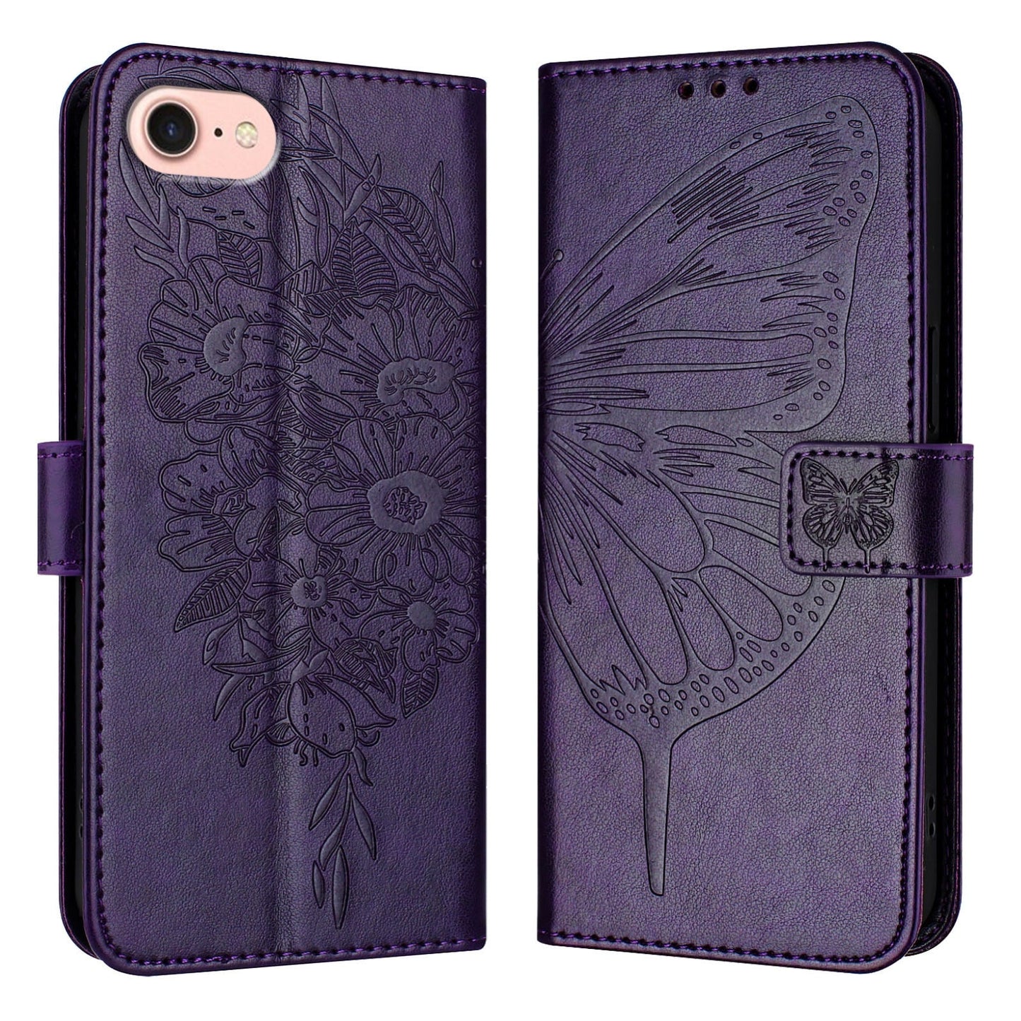 For iPhone 16e Embossed Butterfly Leather Phone Case(Dark Purple)