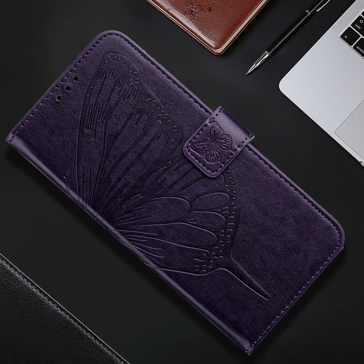For iPhone 16e Embossed Butterfly Leather Phone Case(Dark Purple)