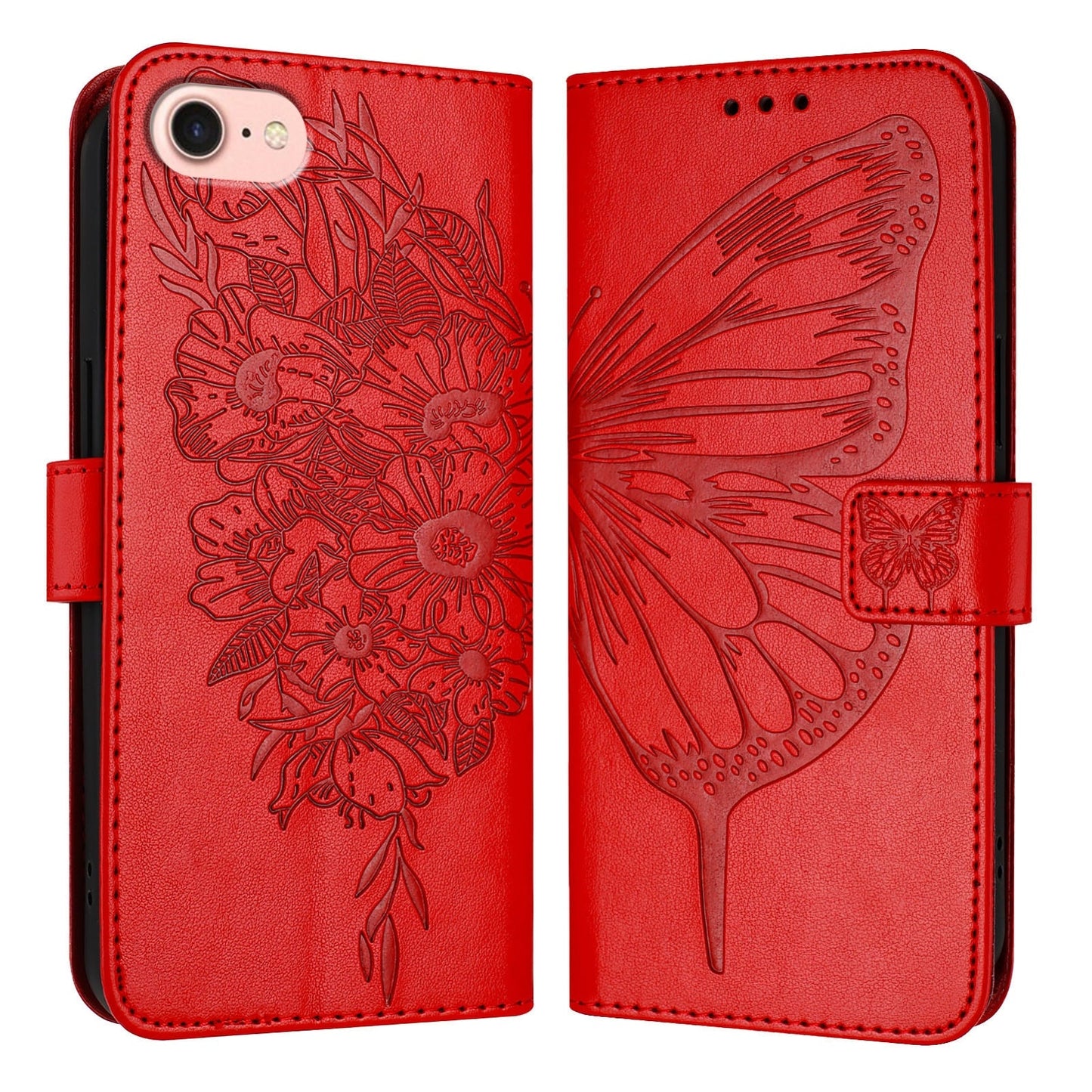 For iPhone 16e Embossed Butterfly Leather Phone Case(Red)