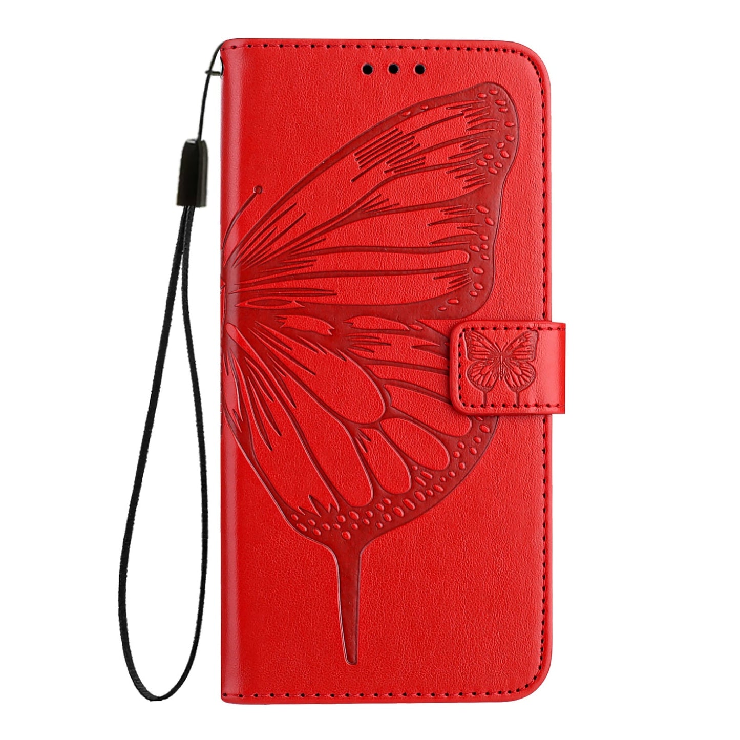 For iPhone 16e Embossed Butterfly Leather Phone Case(Red)