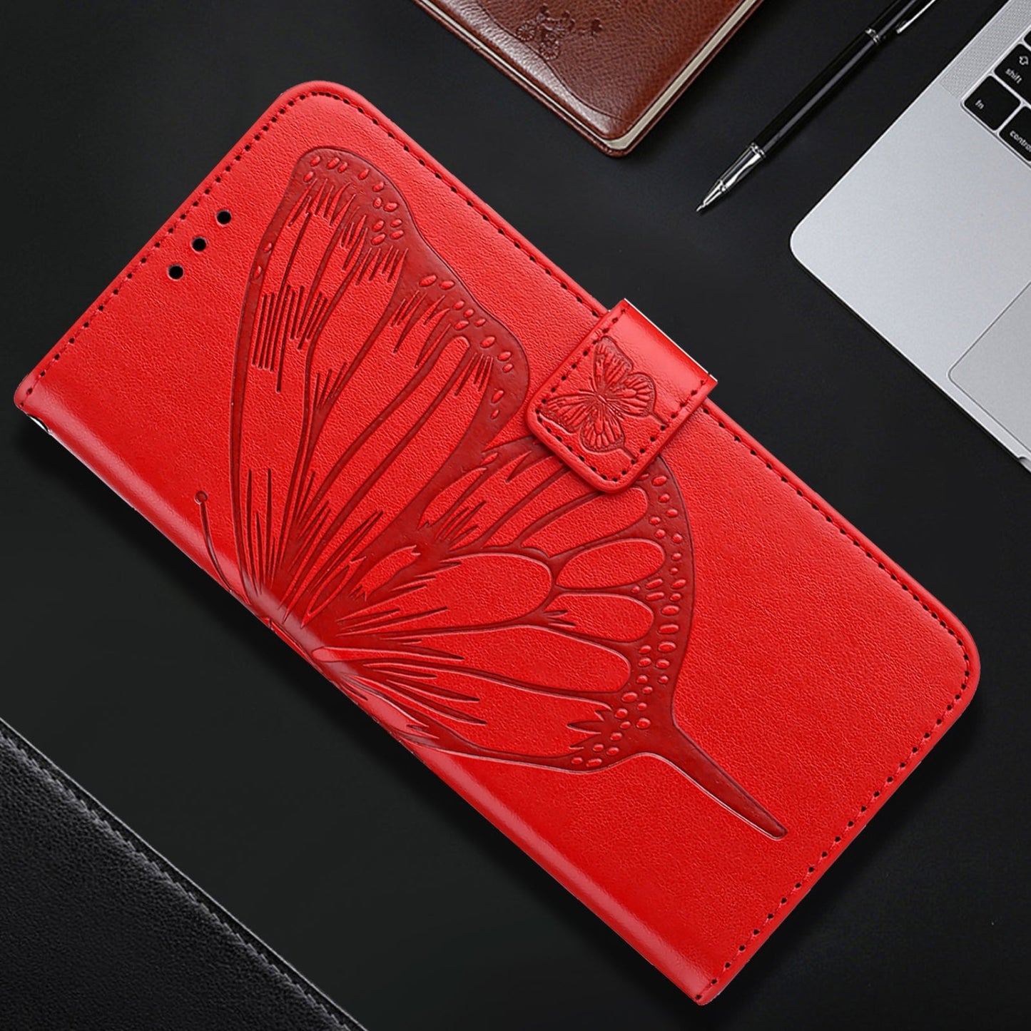 For iPhone 16e Embossed Butterfly Leather Phone Case(Red)