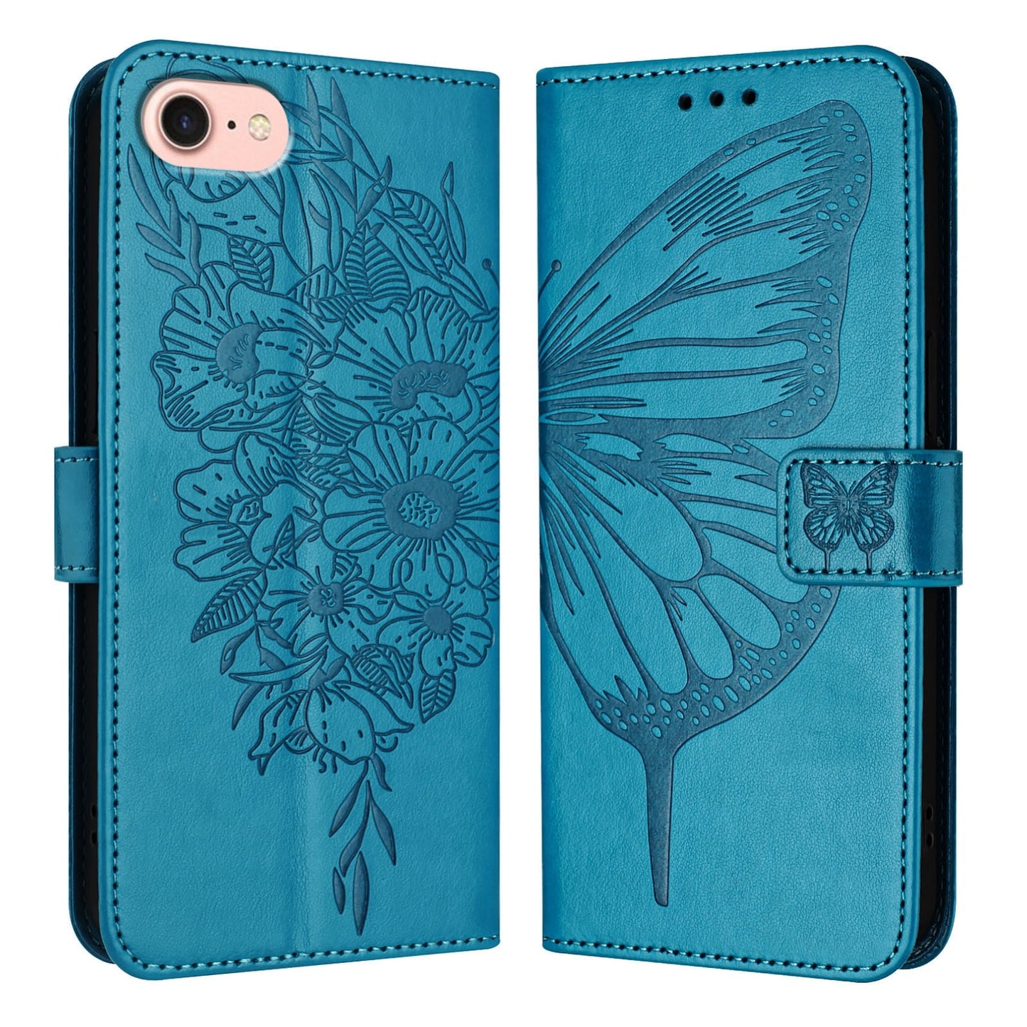 For iPhone 16e Embossed Butterfly Leather Phone Case(Blue)