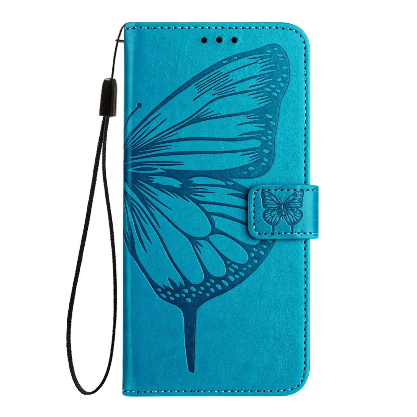 For iPhone 16e Embossed Butterfly Leather Phone Case(Blue)