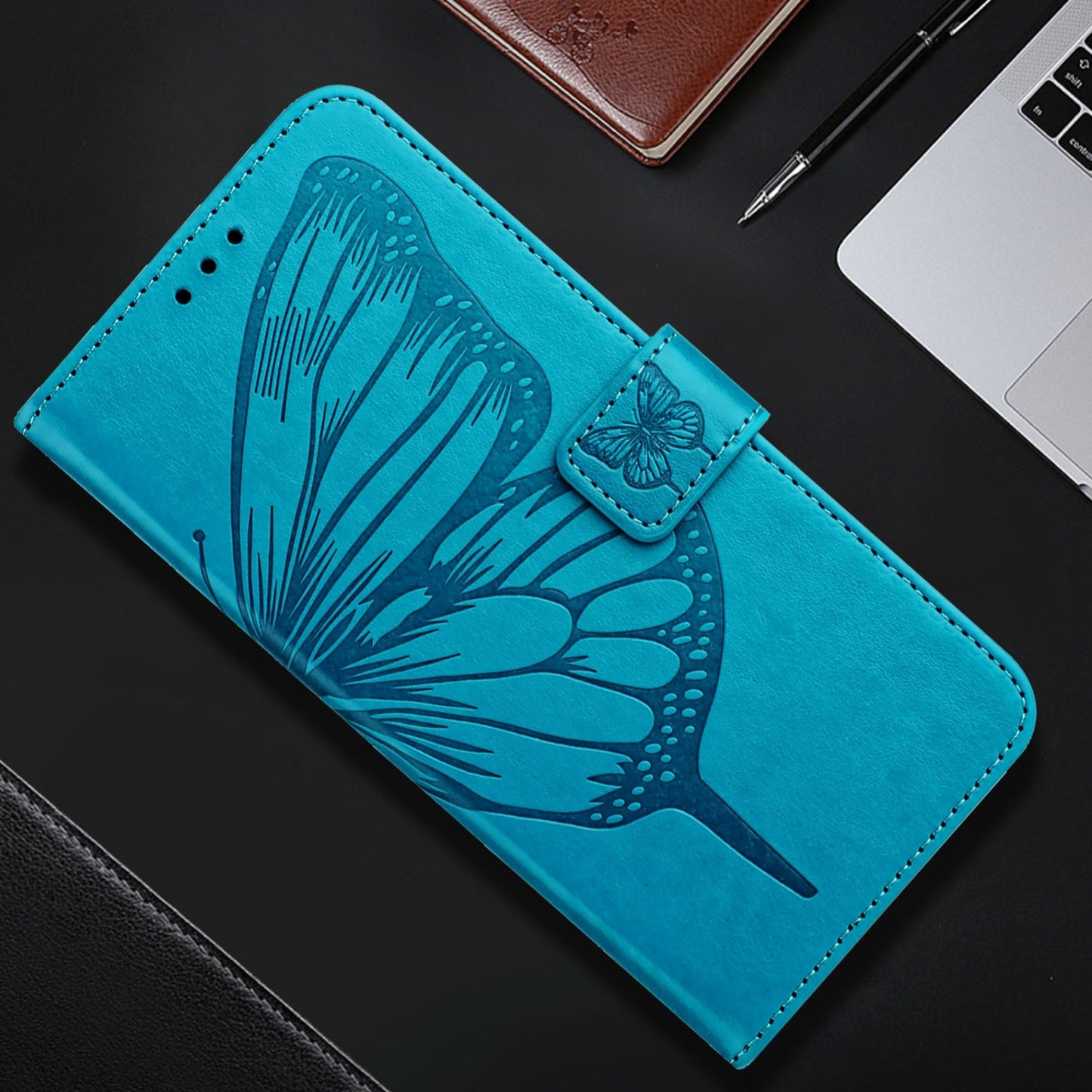 For iPhone 16e Embossed Butterfly Leather Phone Case(Blue)