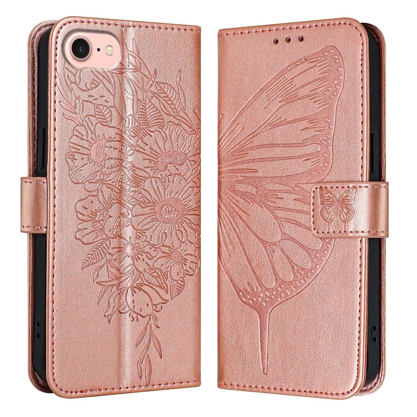 For iPhone 16e Embossed Butterfly Leather Phone Case(Rose Gold)