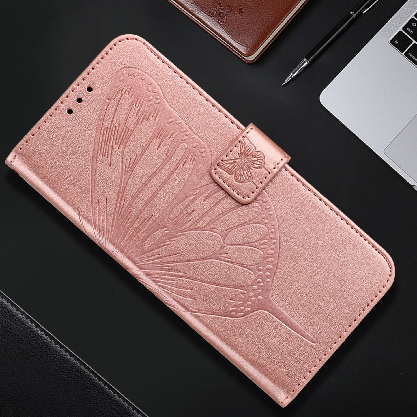 For iPhone 16e Embossed Butterfly Leather Phone Case(Rose Gold)