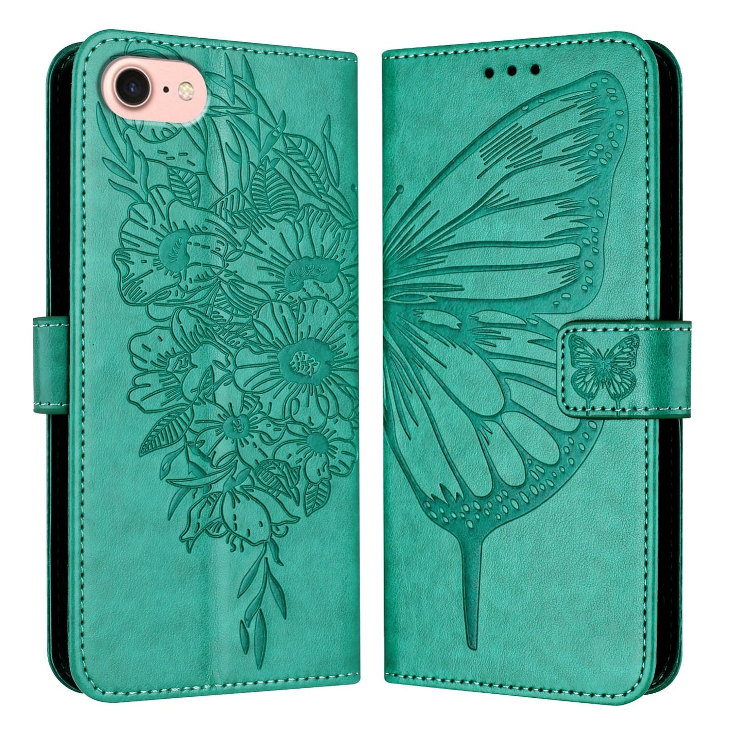 For iPhone 16e Embossed Butterfly Leather Phone Case(Green)