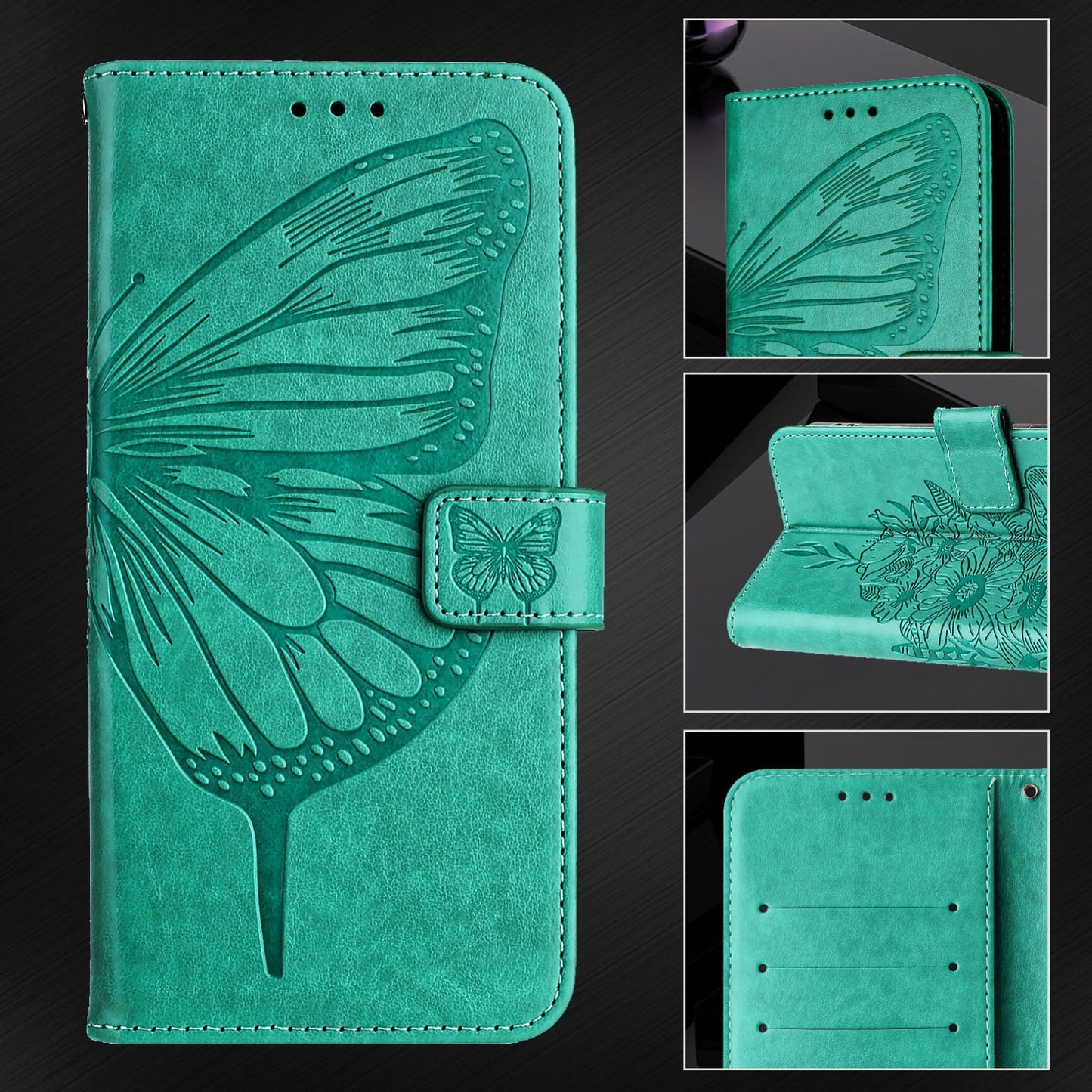 For iPhone 16e Embossed Butterfly Leather Phone Case(Green)
