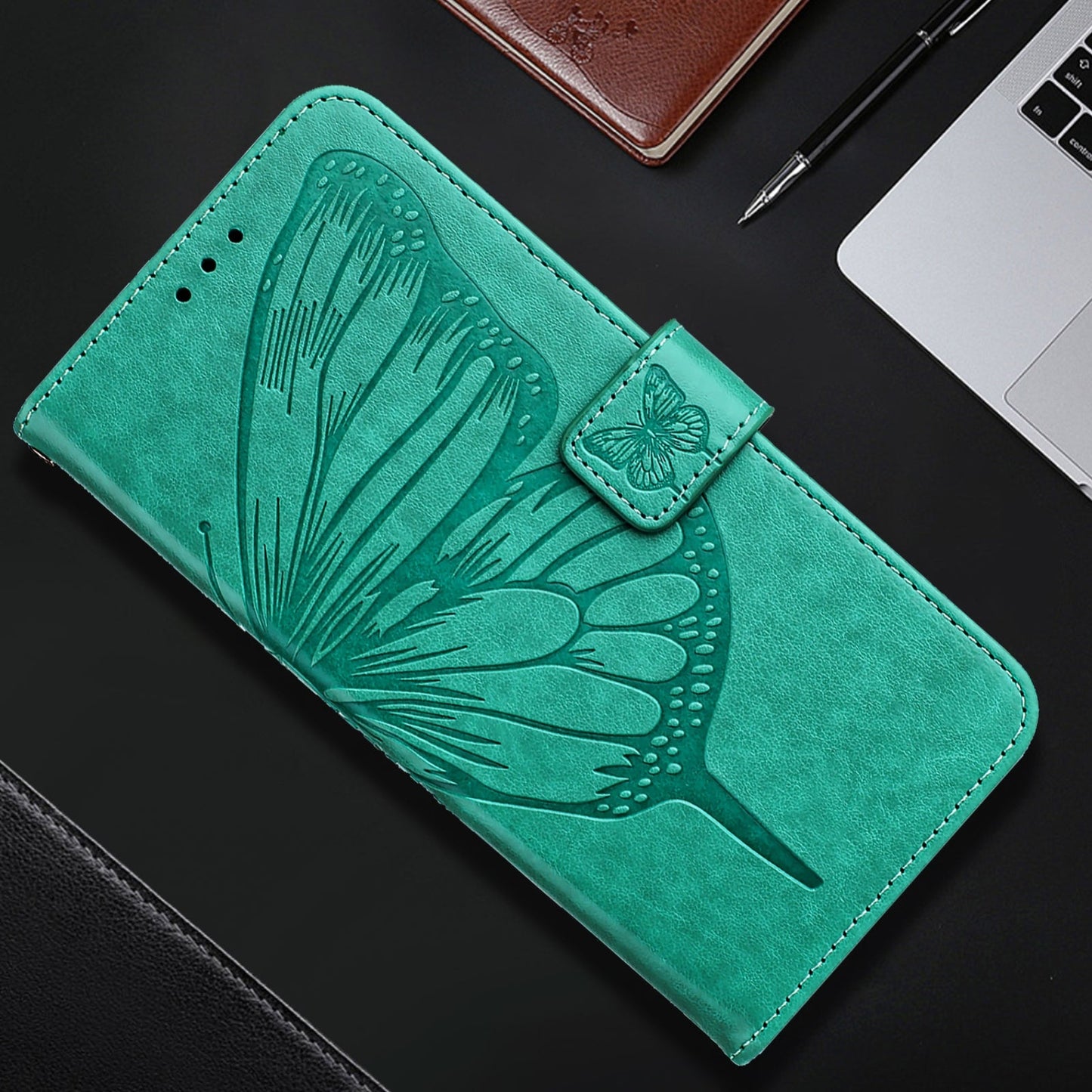 For iPhone 16e Embossed Butterfly Leather Phone Case(Green)