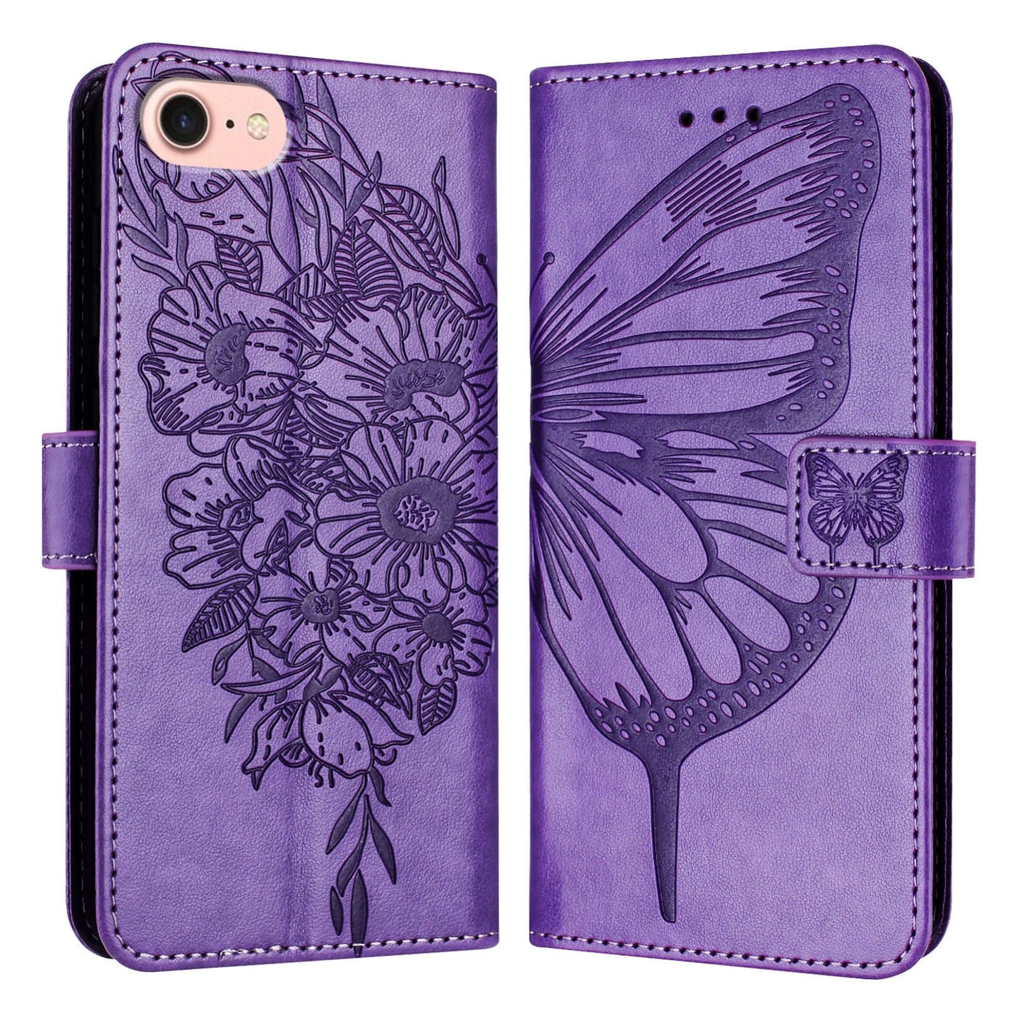 For iPhone 16e Embossed Butterfly Leather Phone Case(Light Purple)