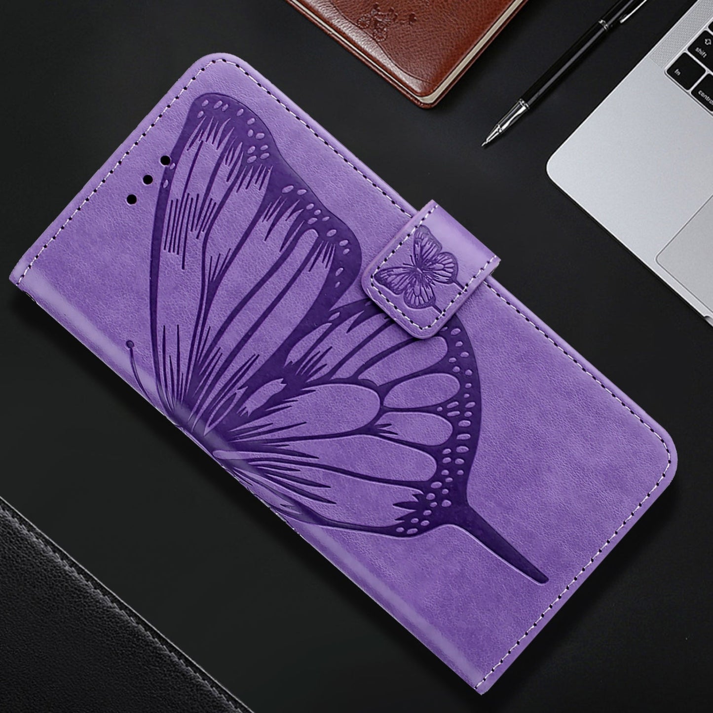 For iPhone 16e Embossed Butterfly Leather Phone Case(Light Purple)
