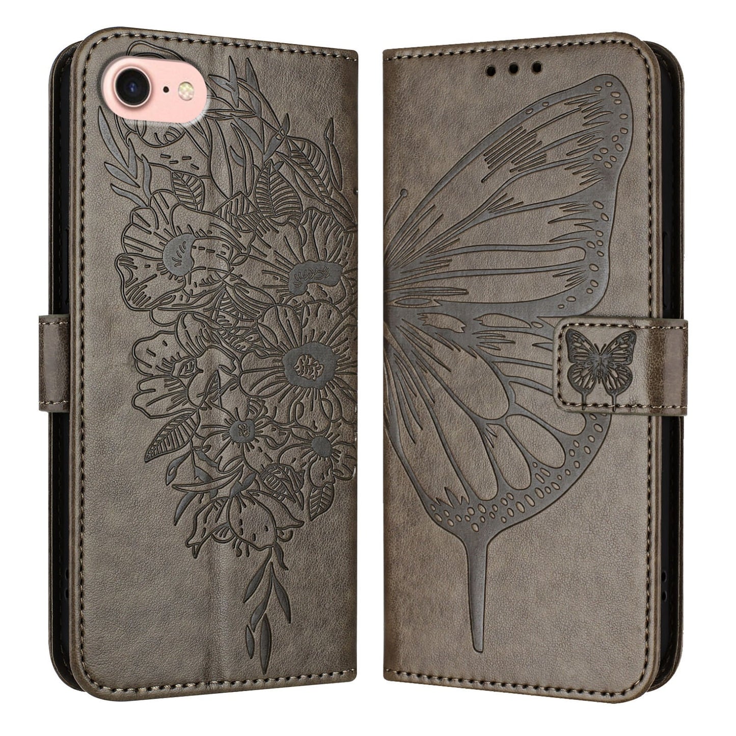 For iPhone 16e Embossed Butterfly Leather Phone Case(Grey)