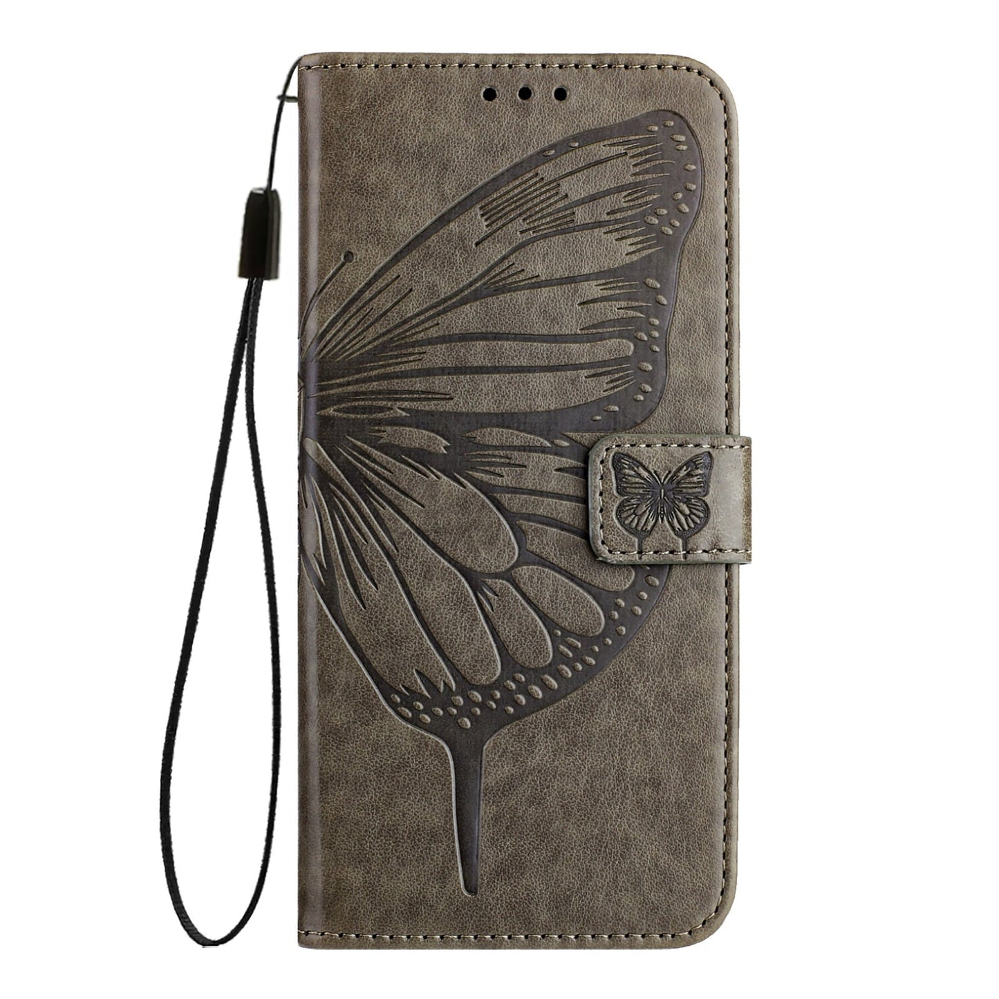 For iPhone 16e Embossed Butterfly Leather Phone Case(Grey)