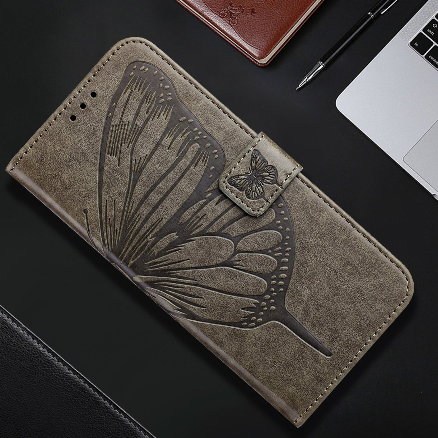 For iPhone 16e Embossed Butterfly Leather Phone Case(Grey)