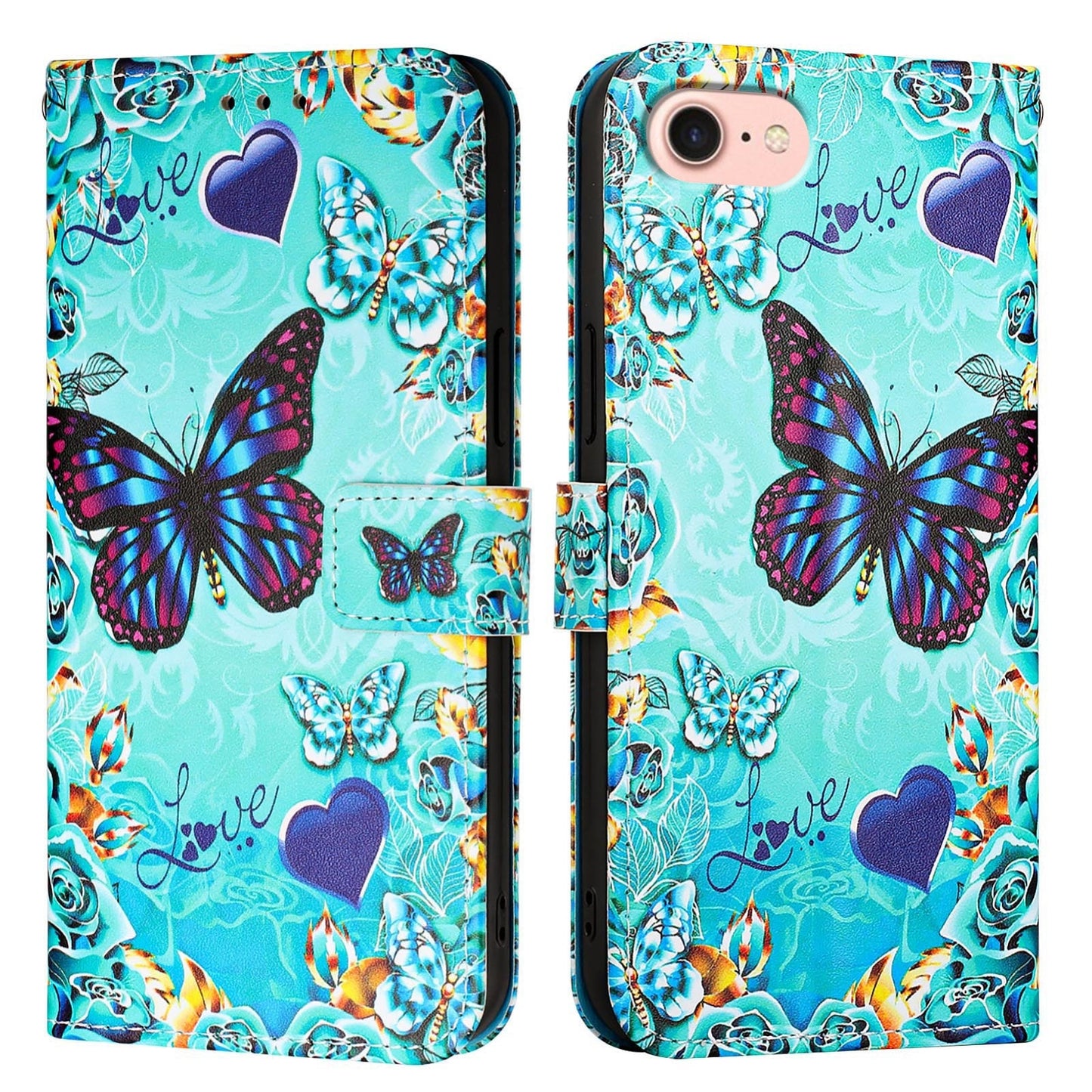 For iPhone 16e Colored Drawing Pattern Plain Weave Leather Phone Case(Caring Butterfly)