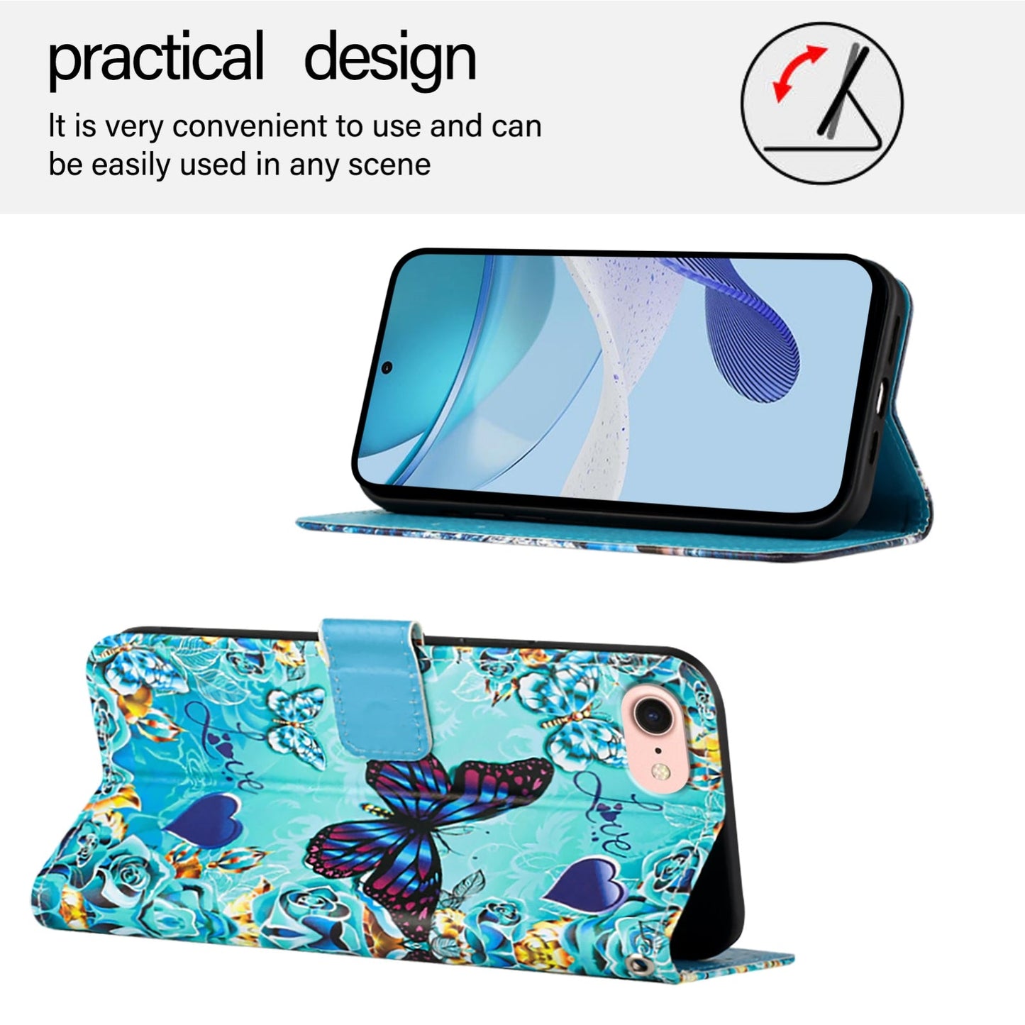 For iPhone 16e Colored Drawing Pattern Plain Weave Leather Phone Case(Caring Butterfly)